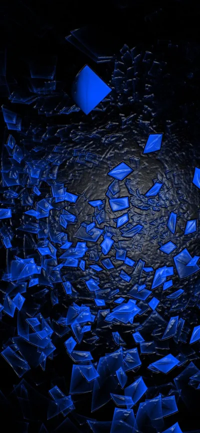 Dozens of small glowing blue blocks drift around a dark textured sphere, densest along the lower left while the top edge stays black.