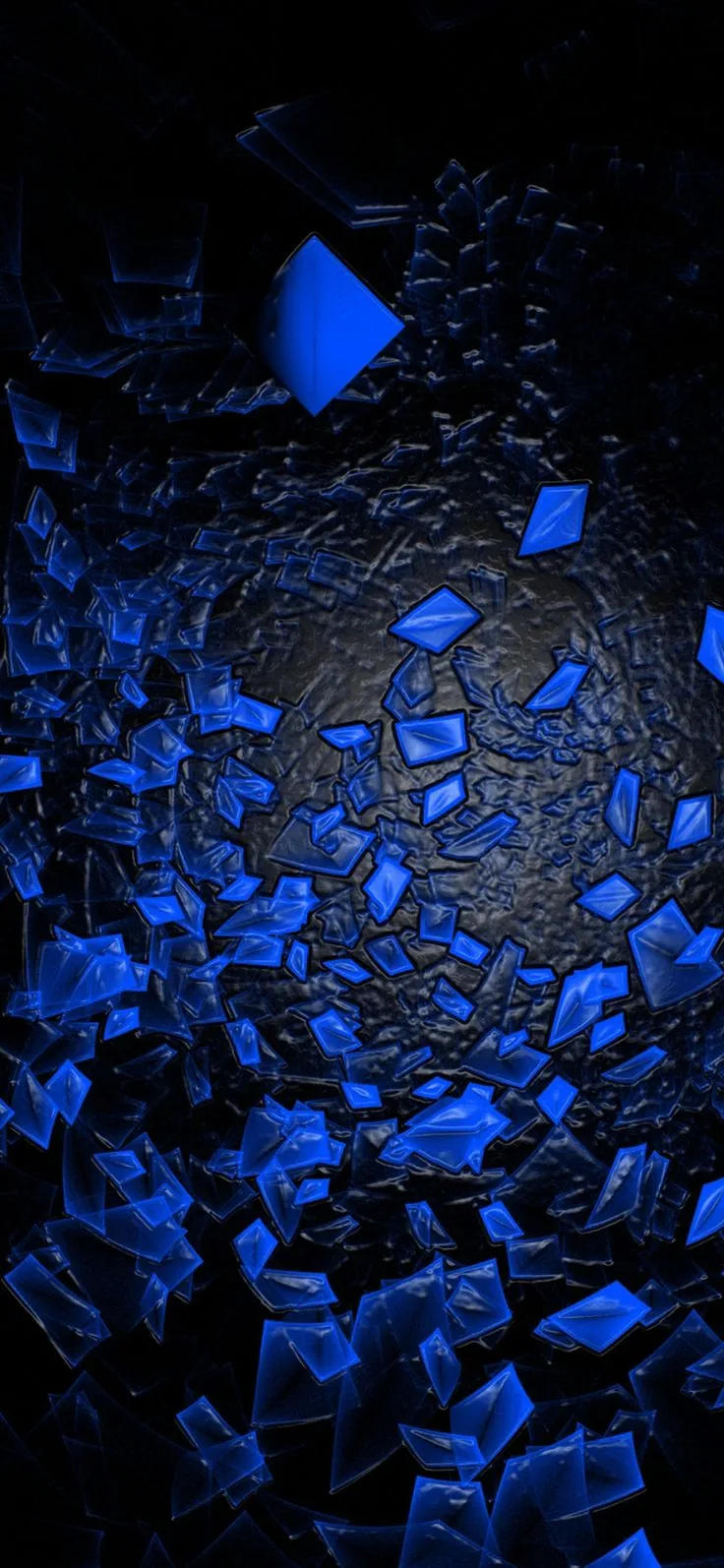 Dozens of small glowing blue blocks drift around a dark textured sphere, densest along the lower left while the top edge stays black.
