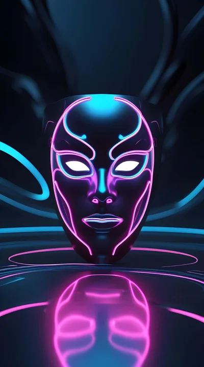 A smooth mask outlined in blue and pink light sits on a glossy surface, its mirror image glowing underneath on a tall dark frame.