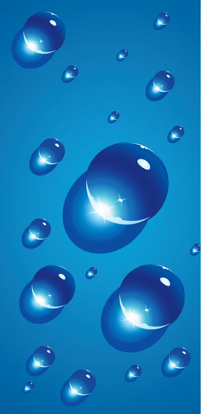 A graphic illustration of oversized droplets on a royal blue gradient, each catching a white starburst highlight on its lower left curve.