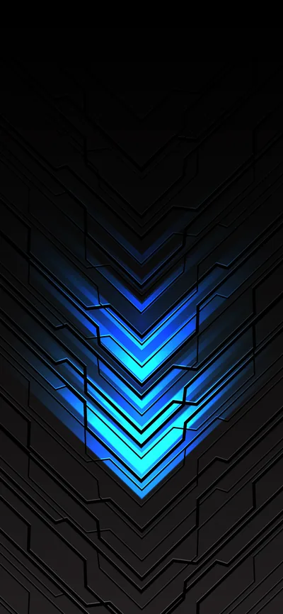 Stacked chevrons glow cyan against dark tech panelling, their light spilling onto the etched circuit lines around them.