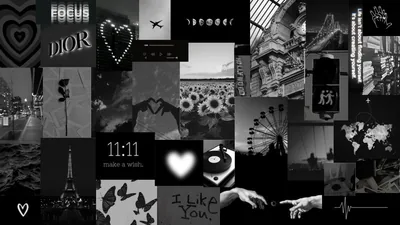 Black and white photos, hearts and small phrases are tiled together with a clock reading 11:11 at the centre.