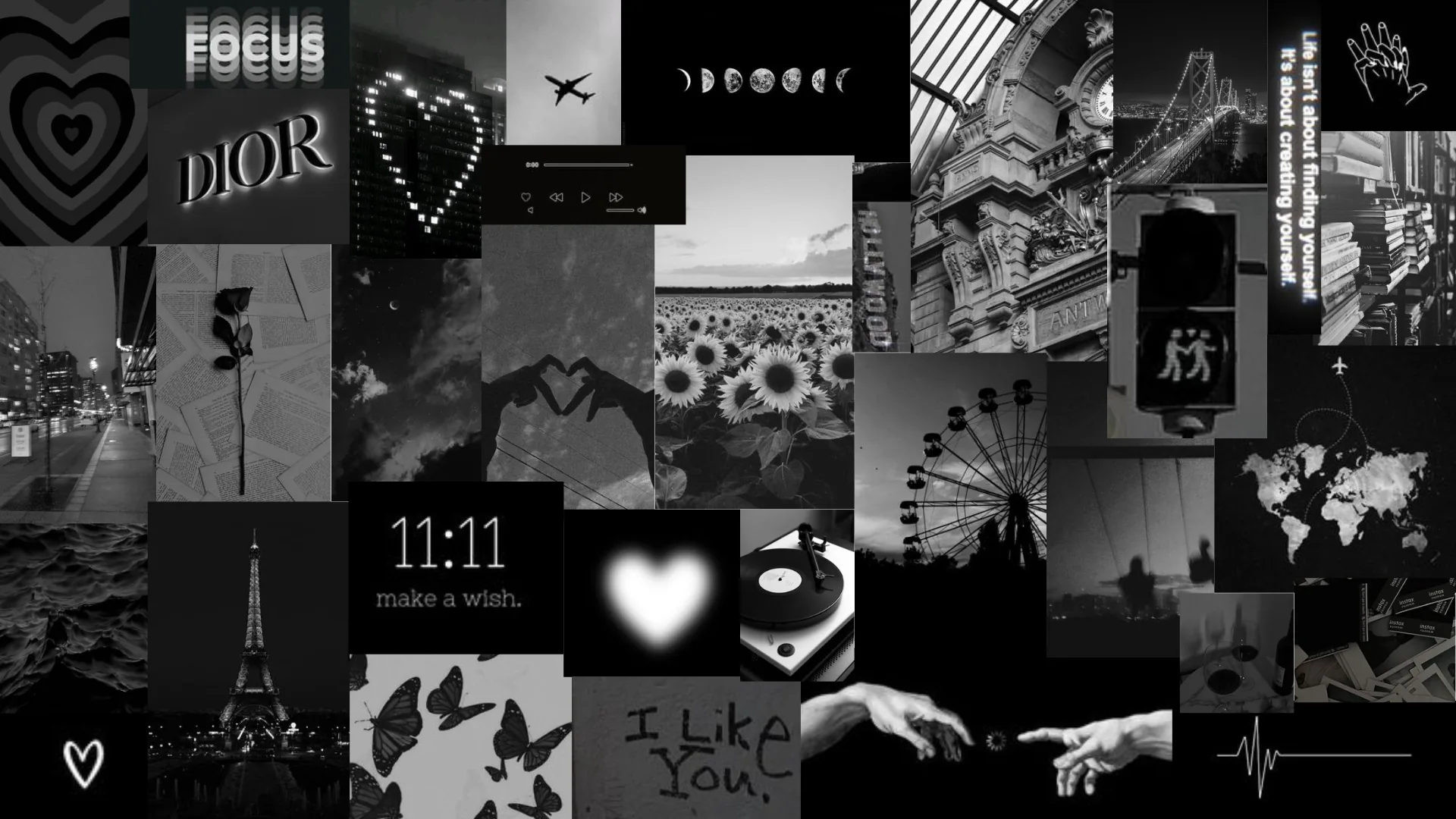 Black and white photos, hearts and small phrases are tiled together with a clock reading 11:11 at the centre.