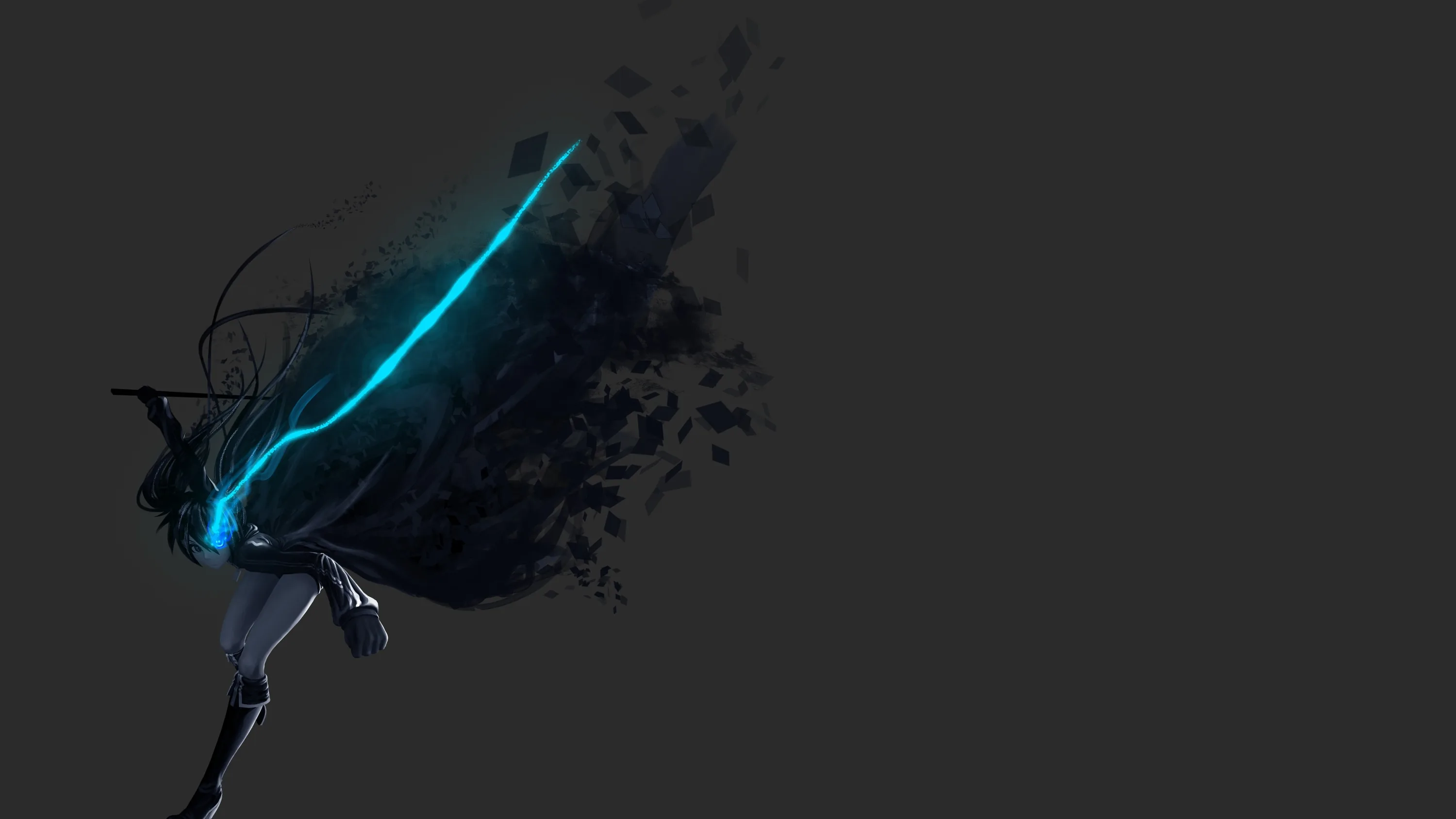 A lone figure swings a long blade that trails electric blue light, the swing scattering into black ink particles across an empty grey field.