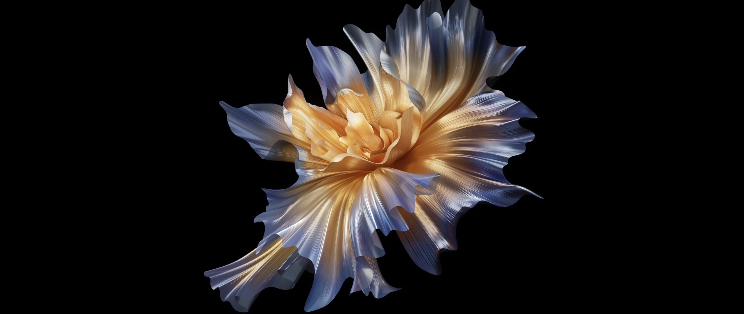 A see-through bloom floats slightly right of centre, gold at the heart and cold blue at the ragged petal tips, everything else left black.