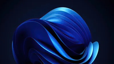 Thick folded ribbons curl around each other in cobalt and royal blue, catching a highlight along each ridge against a dark navy field.