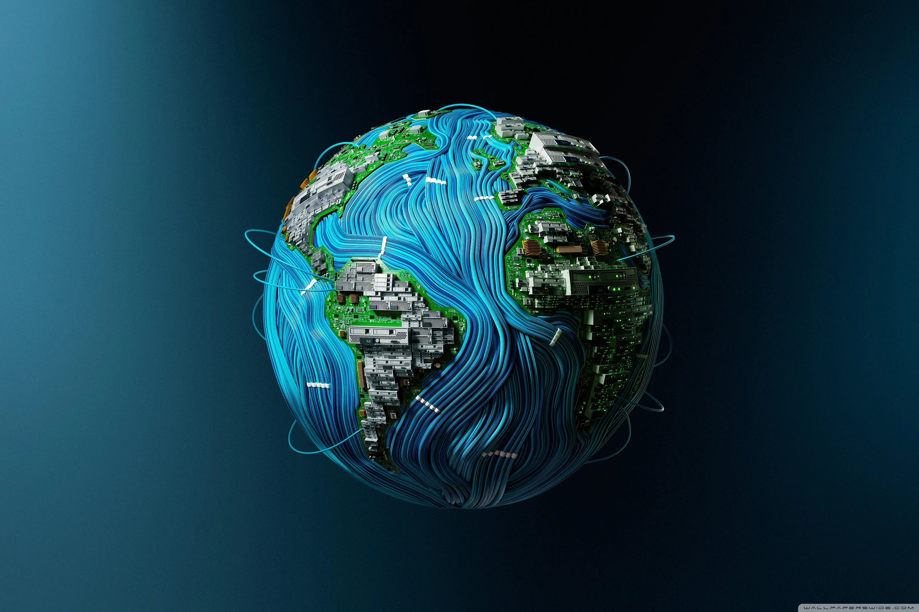 A CGI globe wrapped in swirling blue current lines and circuit-board continents, set left of centre on a teal gradient with room for desktop icons on the right.