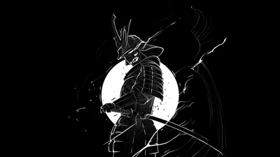 An armoured samurai stands in profile against a full white moon, ink slashes cutting the dark; both upper corners stay solid black.
