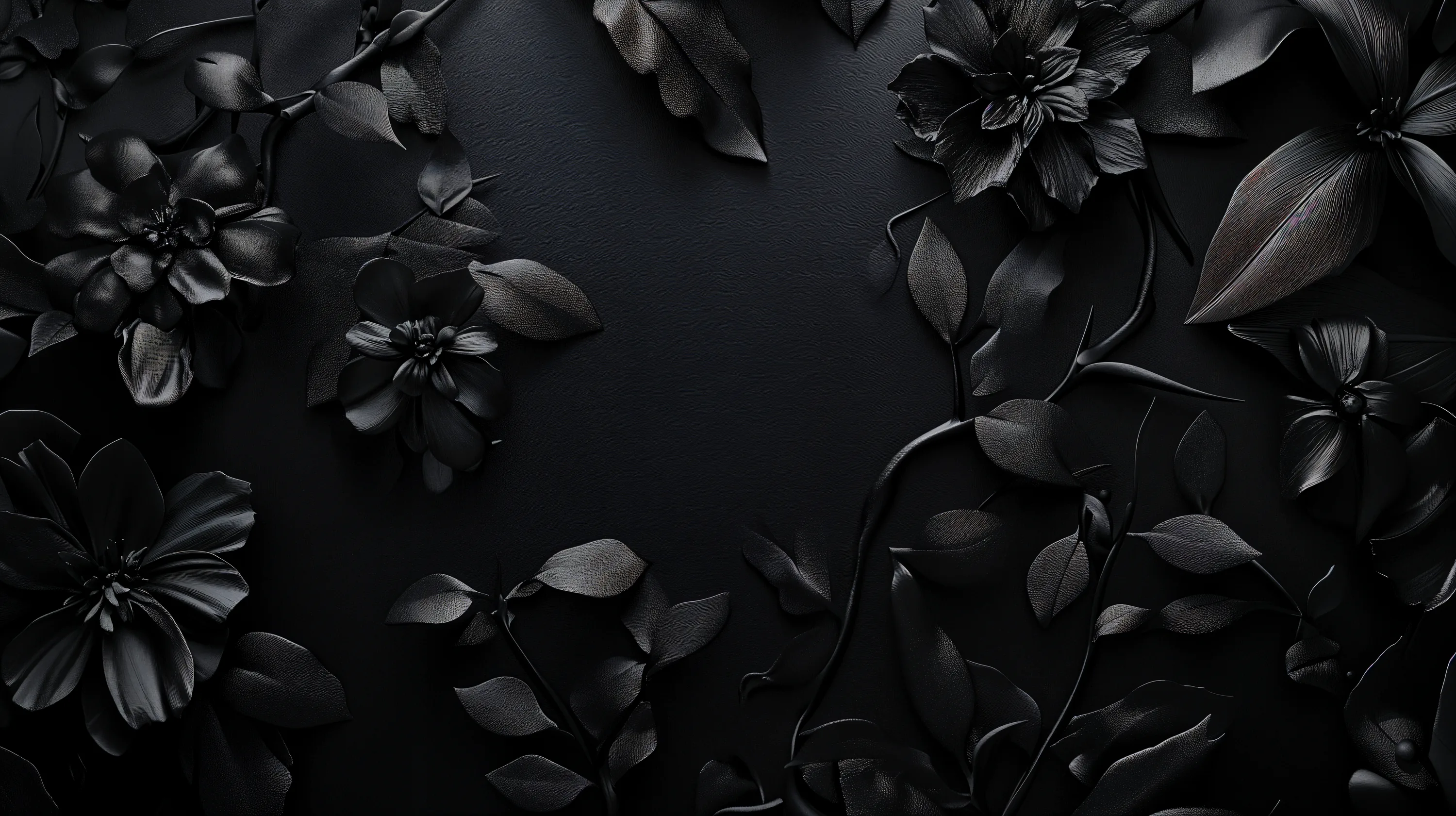 Matte black blooms and leaves ring the edges of the frame, the middle left as a clean dark panel for text.