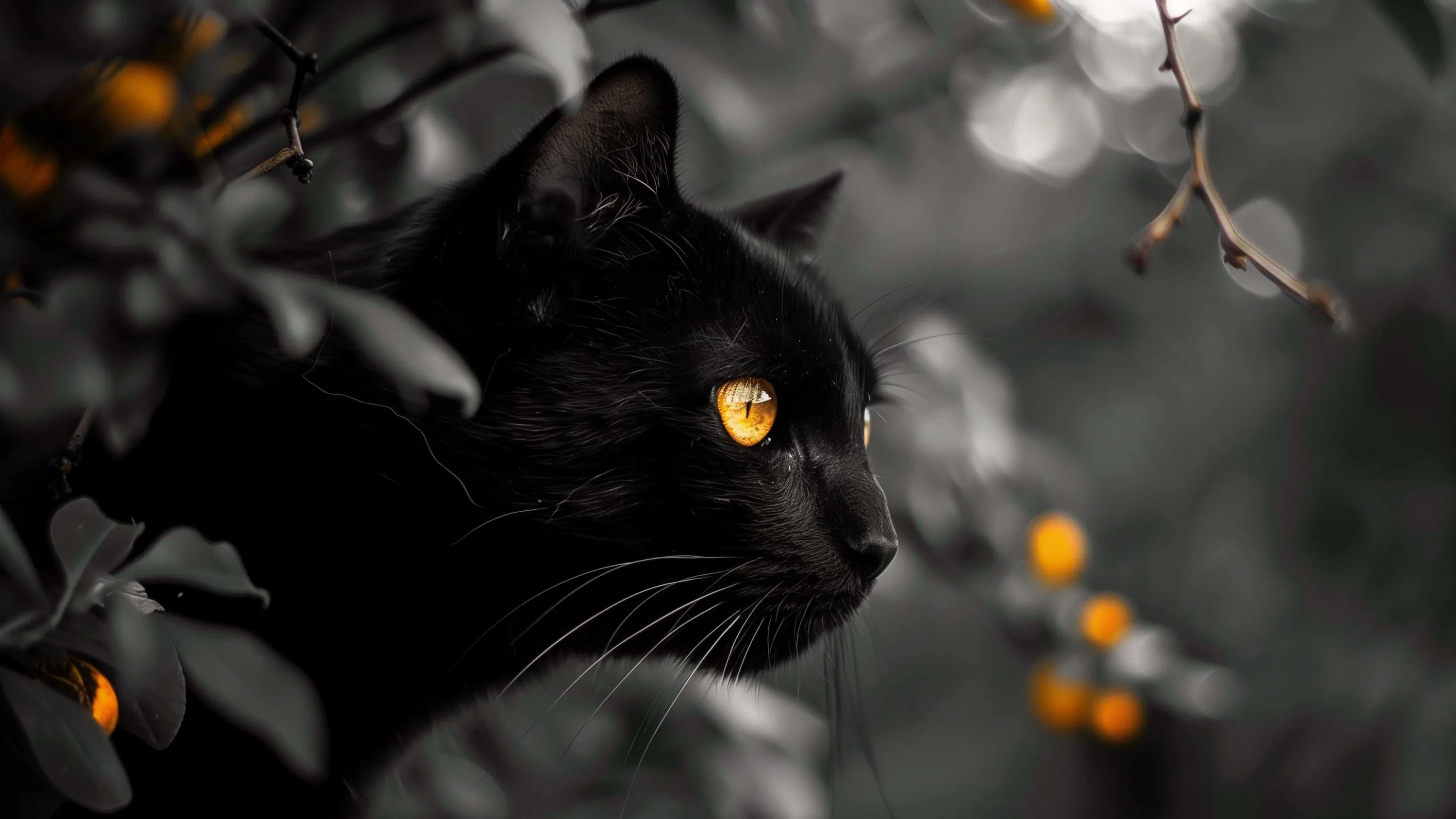 A black cat looks right through a bush of desaturated leaves, its single amber eye and the scattered orange berries the only colour left.