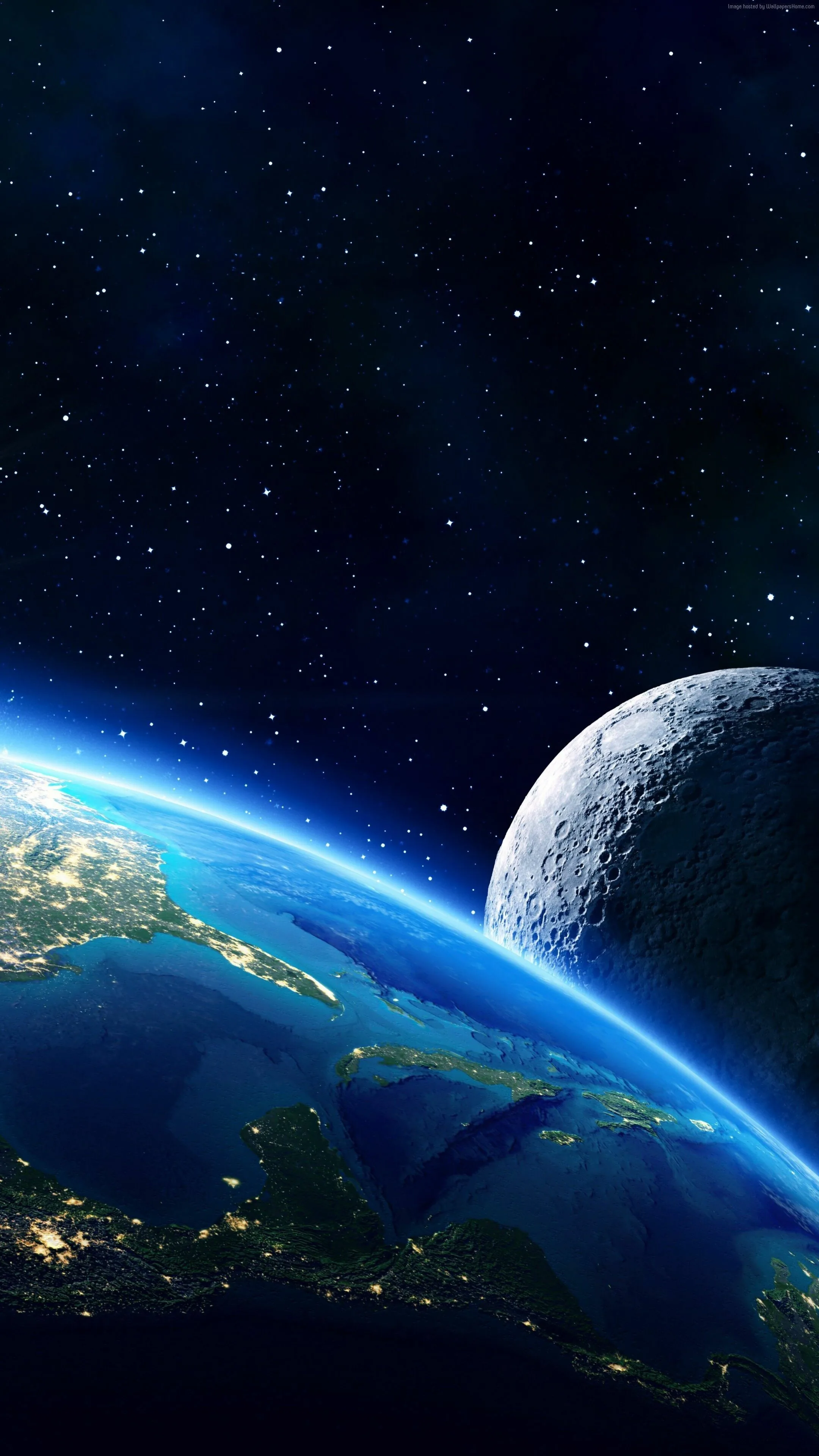 The grey Moon hangs mid-frame above Earth's city-lit curve, and the star field above keeps the top of the screen dark for the clock.