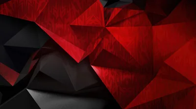 Faceted triangles tilt across the frame, the red planes gathered at the top right and the black ones taking over toward the bottom left.