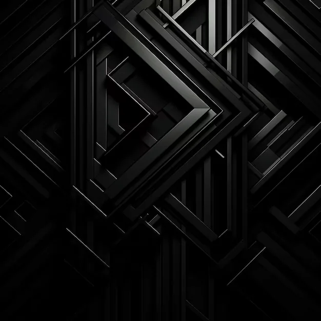 Nested squares and diagonals in matte black overlap into a shallow relief, edges picking up just enough grey light to separate the layers.