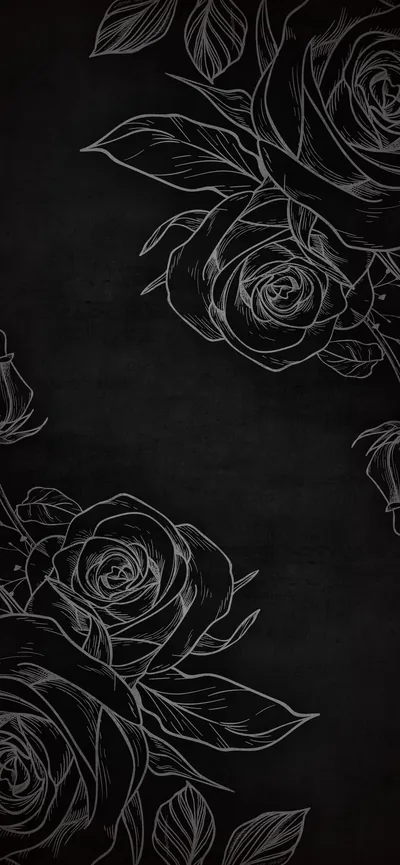 Large roses drawn in thin white outline sit in the top and bottom left corners of a chalky black board, the right side left almost empty.