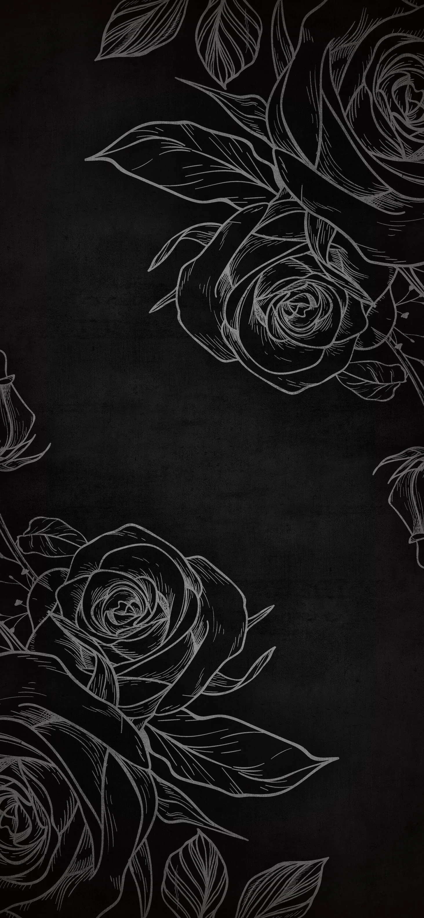 Large roses drawn in thin white outline sit in the top and bottom left corners of a chalky black board, the right side left almost empty.