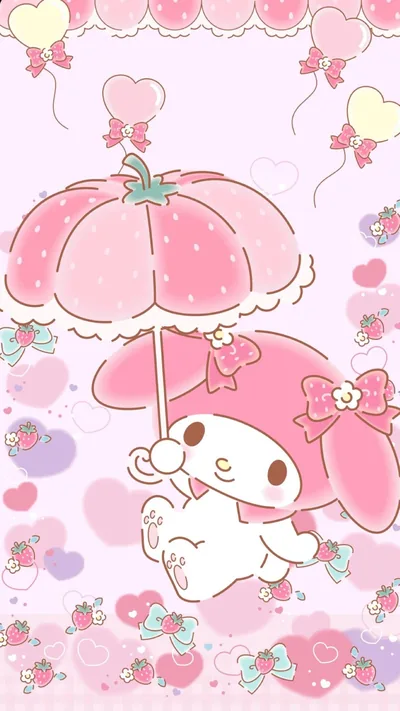 My Melody swings from a strawberry topped parasol against lavender hearts and ribbons, the art running to every edge so a phone crop trims only pattern.