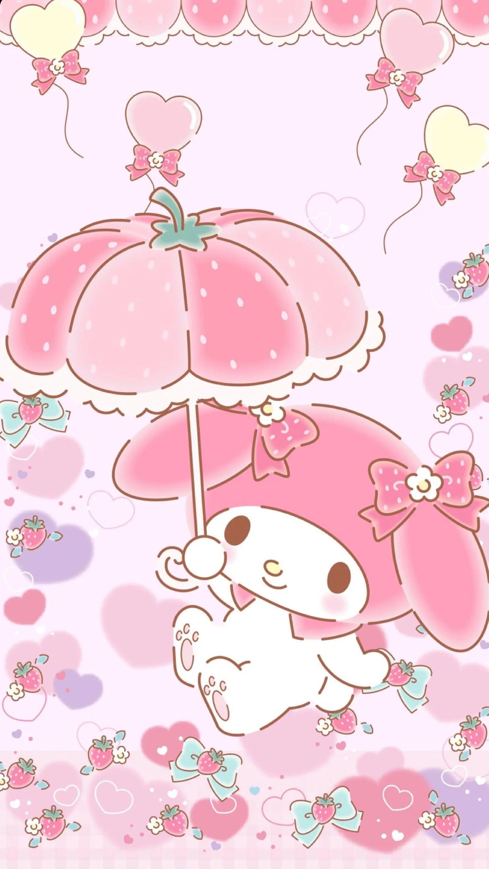 My Melody swings from a strawberry topped parasol against lavender hearts and ribbons, the art running to every edge so a phone crop trims only pattern.