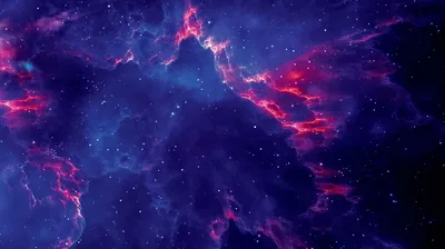 Deep navy clouds fold across the frame, their rims catching pink and red light like embers; only a few stars break through the darkest folds.