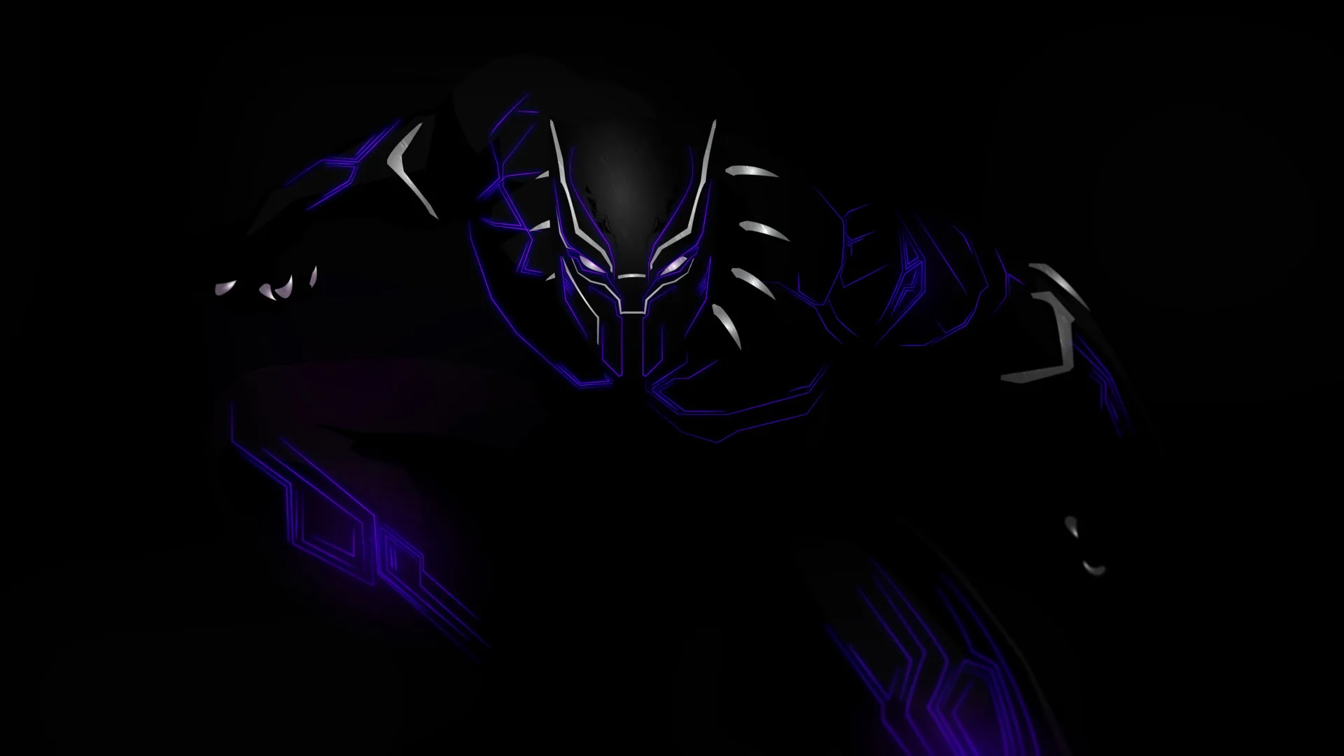 The suited figure crouches forward out of the dark, purple energy tracing the mask and shoulders while the rest of the body stays in shadow.