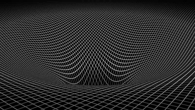 A thin white wireframe plane stretches to the horizon and sags into a funnel at the centre, lines drawn on pure black.