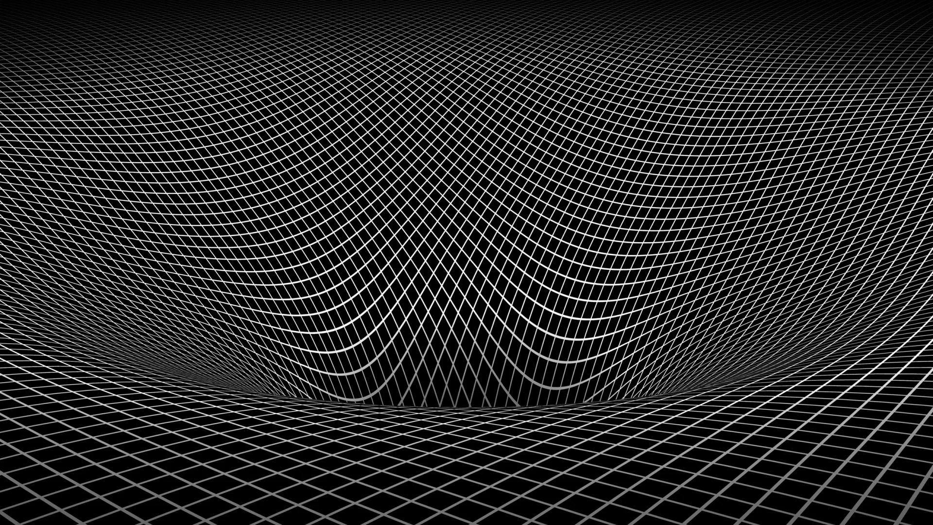 A thin white wireframe plane stretches to the horizon and sags into a funnel at the centre, lines drawn on pure black.