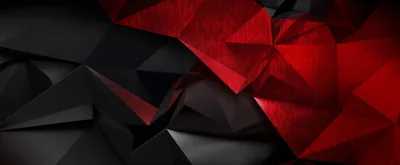 Faceted 3D shards fill the frame, the cluster on the right catching a deep red while everything to the left stays charcoal.