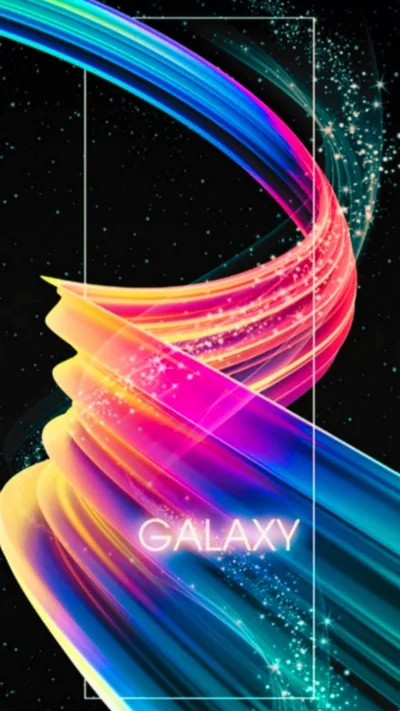A rainbow light ribbon sweeps from the lower left to the top right inside a thin white frame, the glowing Galaxy wordmark and star specks on black.