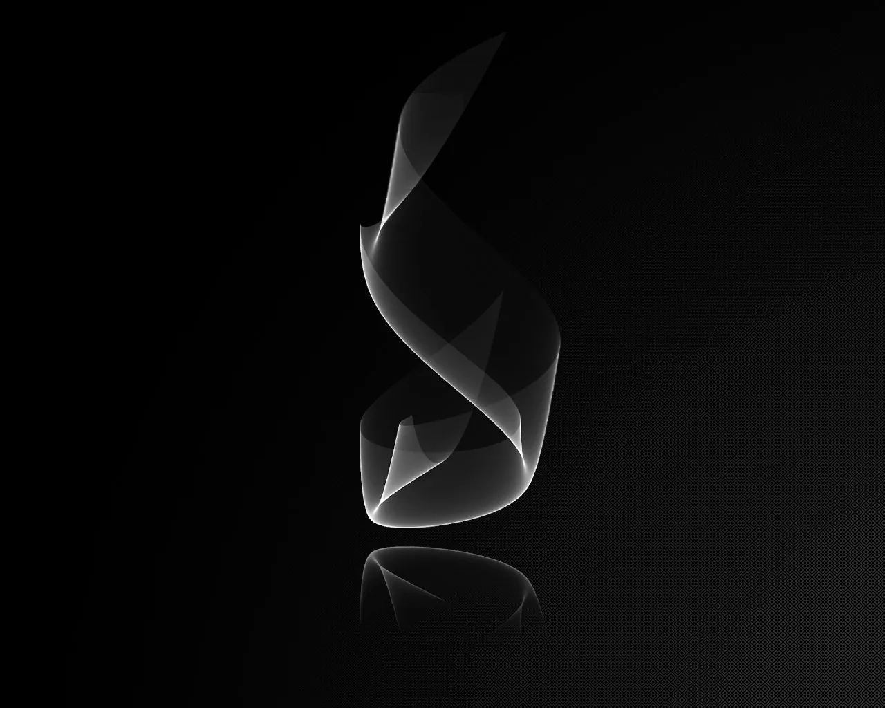 A translucent white ribbon folds over on itself against black, its reflection blurring away on the glossy surface below.