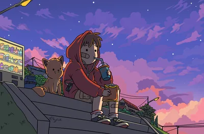 A bandaged boy in a red hoodie sits on concrete steps with a drink and snacks, a cat beside him under a purple evening sky.