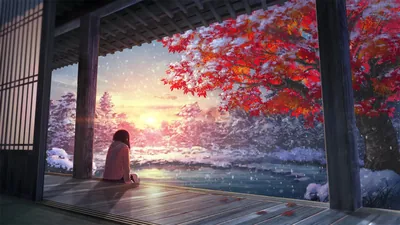 A girl sits on a wooden veranda watching snow settle on a red maple at sunset, the dark beams framing the scene like a doorway.