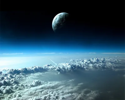 A half-lit planet hangs in black space above a blue atmospheric haze and a floor of sunlit clouds seen from orbit.