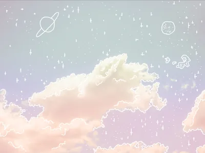 White line drawings of Saturn, an astronaut and sparkles float over photographed clouds tinted pink, mint and lilac, the doodles kept to the upper half.