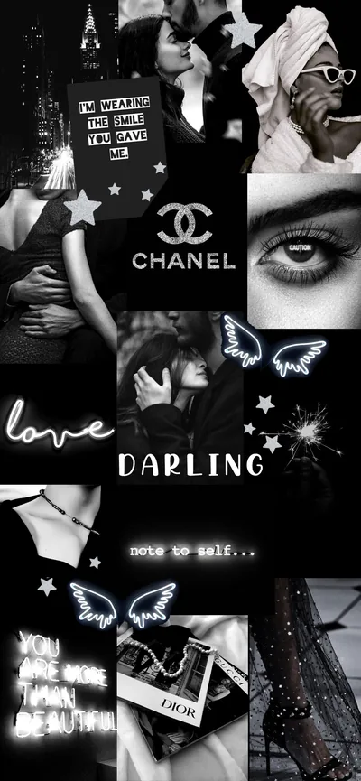 Cut-out fashion photos, a close-up eye and blue butterflies layered into a black and white collage with the words love and darling.