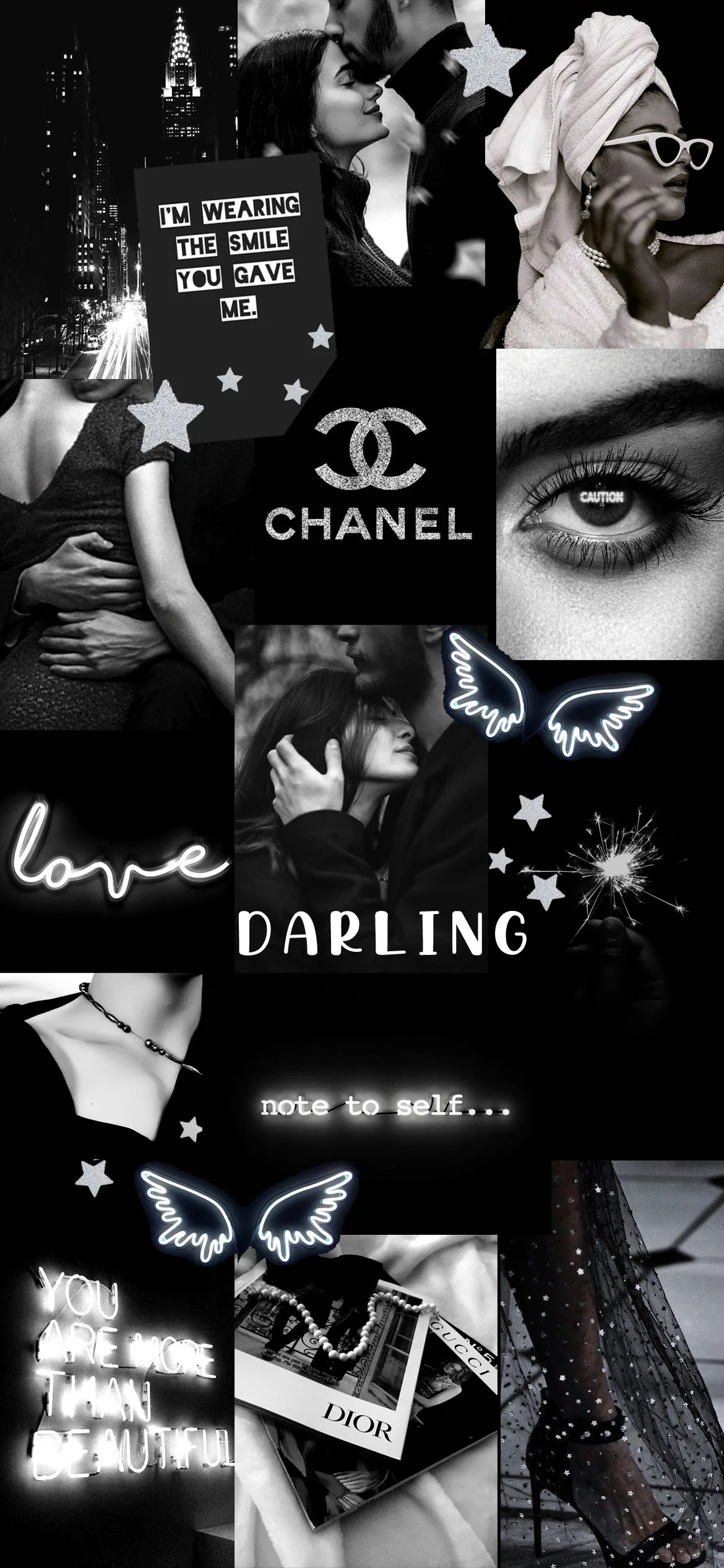 Cut-out fashion photos, a close-up eye and blue butterflies layered into a black and white collage with the words love and darling.