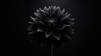 A single dahlia opens in the middle of an empty black field, its pointed petals fanning out in even rings above a thin bare stem.