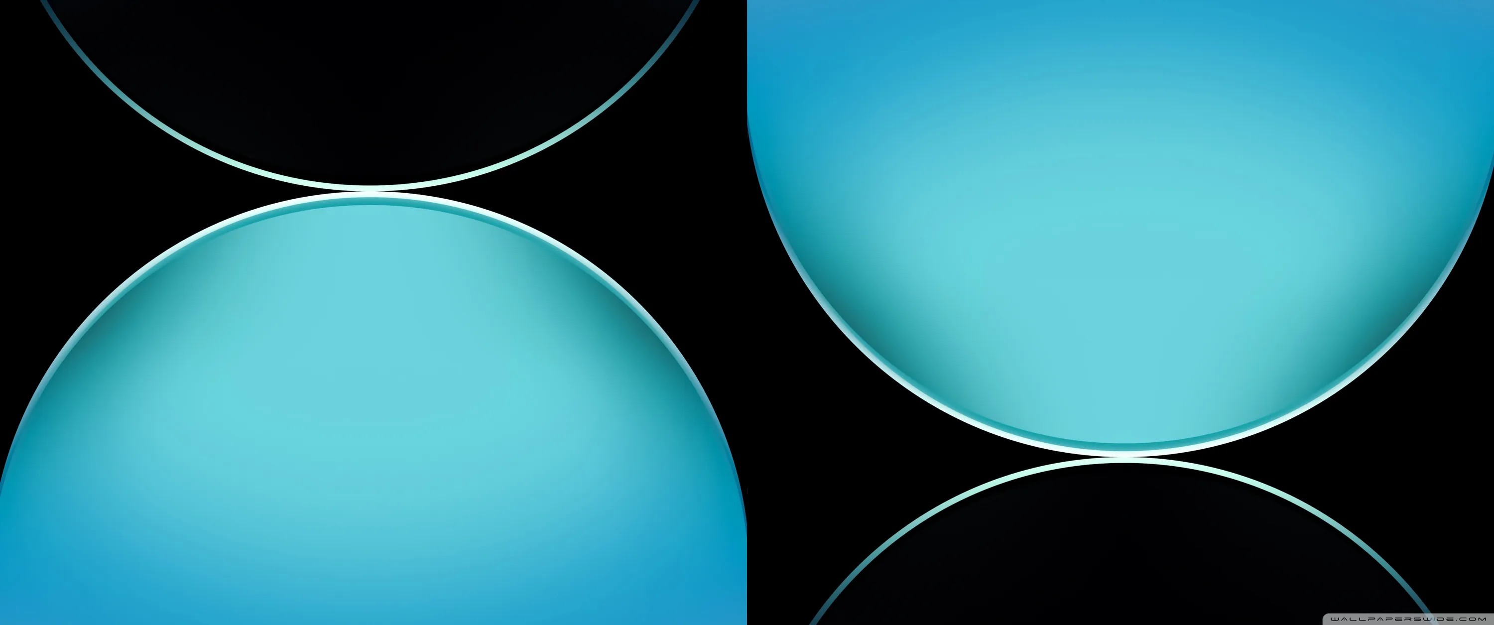 Two black panels each hold a large cyan circle, one cut off at the top and one rising from below, split by a hard vertical seam down the middle.