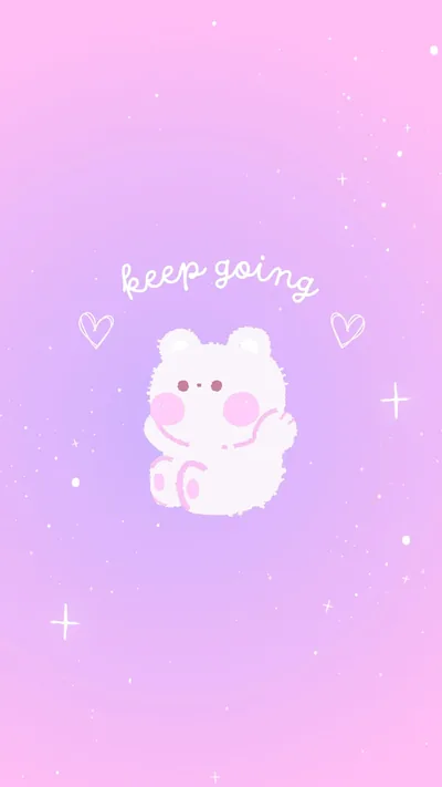 A fluffy white bear cub waves beneath cursive keep going lettering, hearts and sparkles dotting a candy pink gradient too light for white clock digits up top.