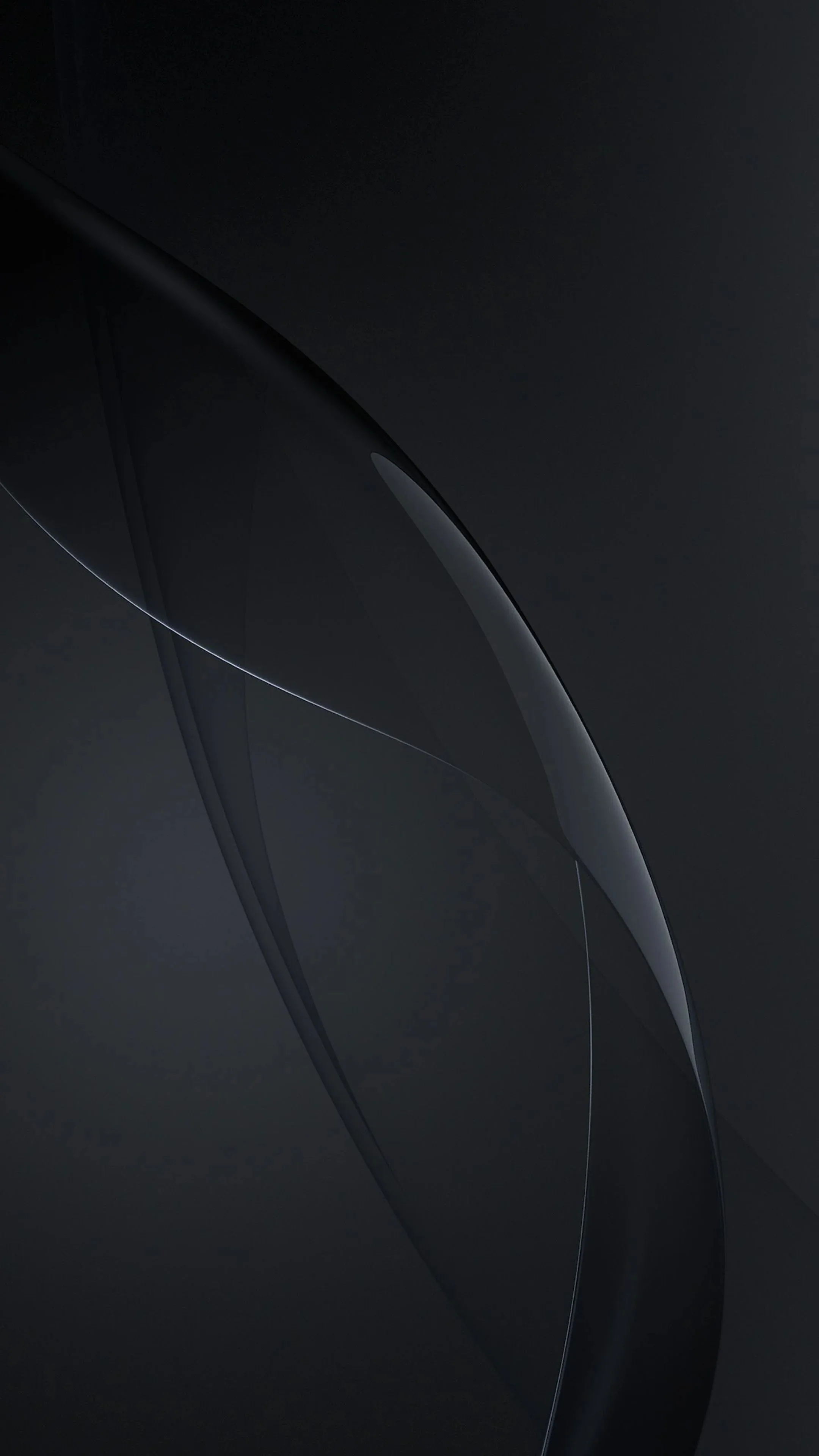 Two translucent ribbons cross each other in the upper half of a charcoal frame, their thin bright edges the only detail before the bottom goes solid.