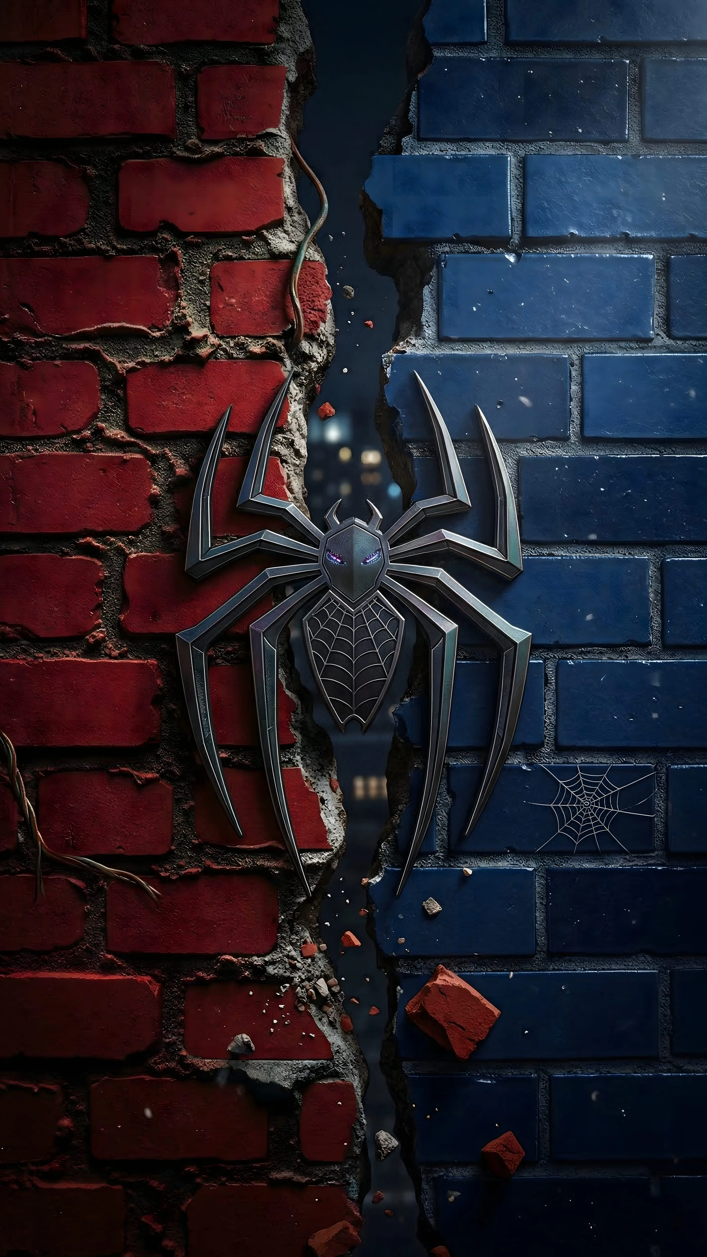 A metal spider badge sits in a split between red and blue brickwork, chips of masonry falling away around it.