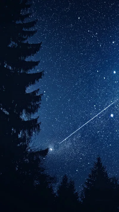 A meteor streaks down toward a lone spruce on the left edge, leaving the right half of this portrait sky open for widgets.