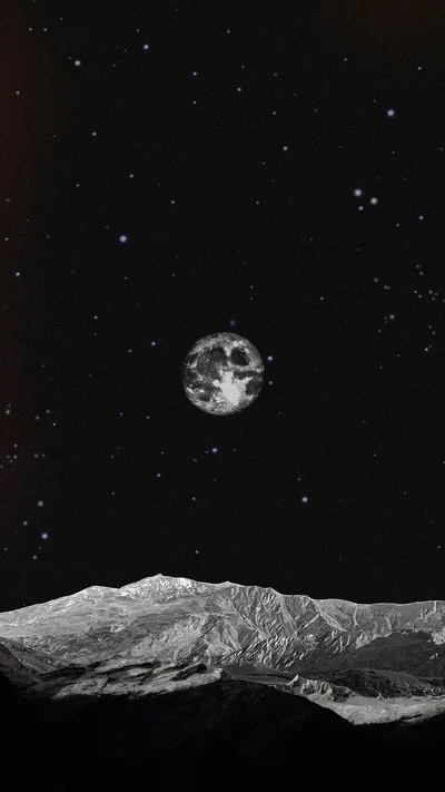A small textured moon hangs in a grainy starfield above a pale mountain ridge that fills the bottom third.