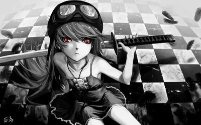 She kneels on a black-and-white checkerboard with goggles pushed up on her head and a sheathed katana across her back, red eyes the only break in the monochrome.