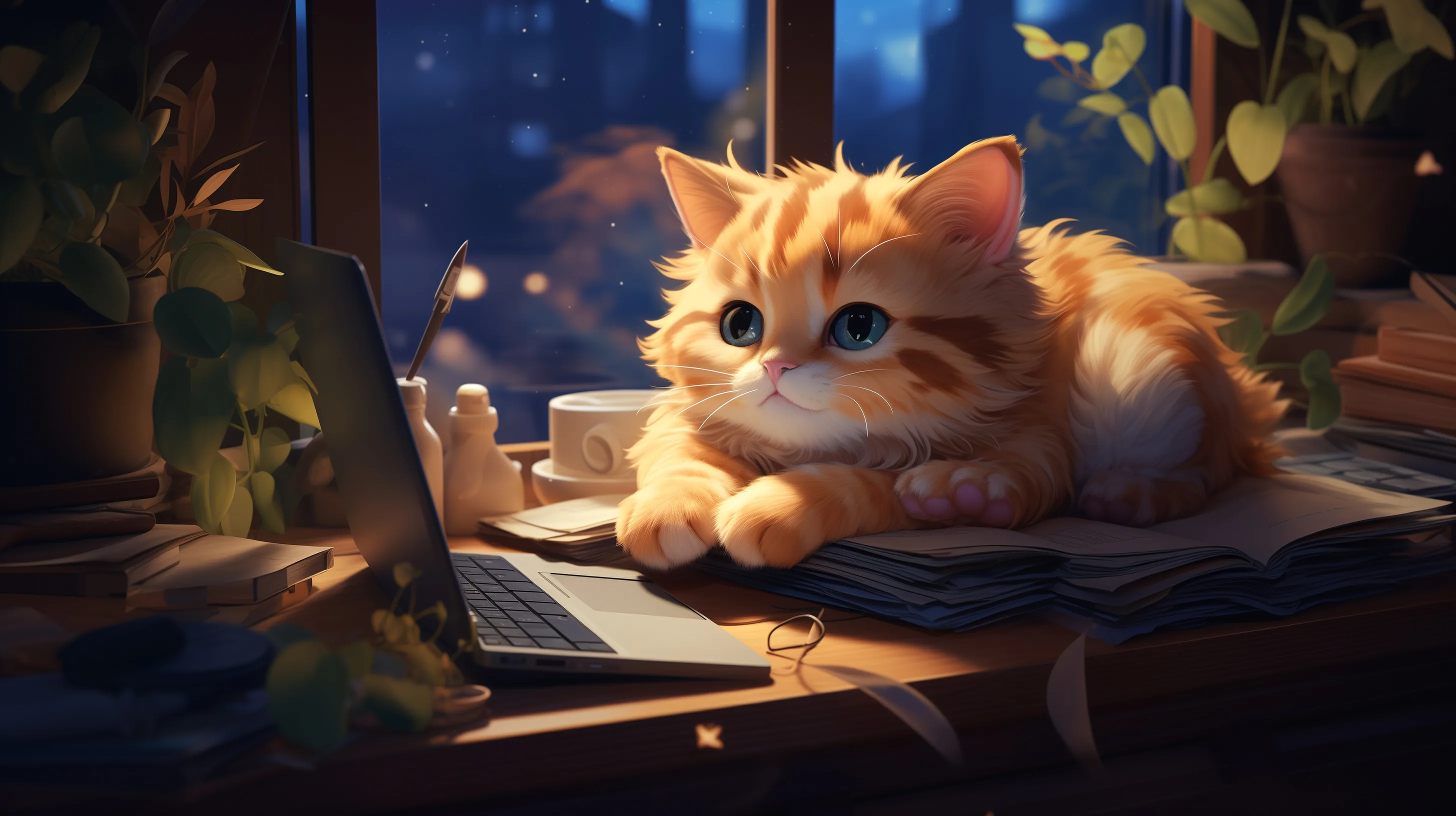 A ginger kitten rests its paws on papers beside a laptop at dusk, warm lamp light and window plants giving a lofi study mood.