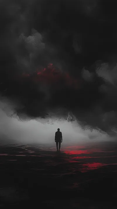 A lone figure crosses cracked wet ground under heavy grey smoke, a red glow burning through the cloud and pooling at his feet.