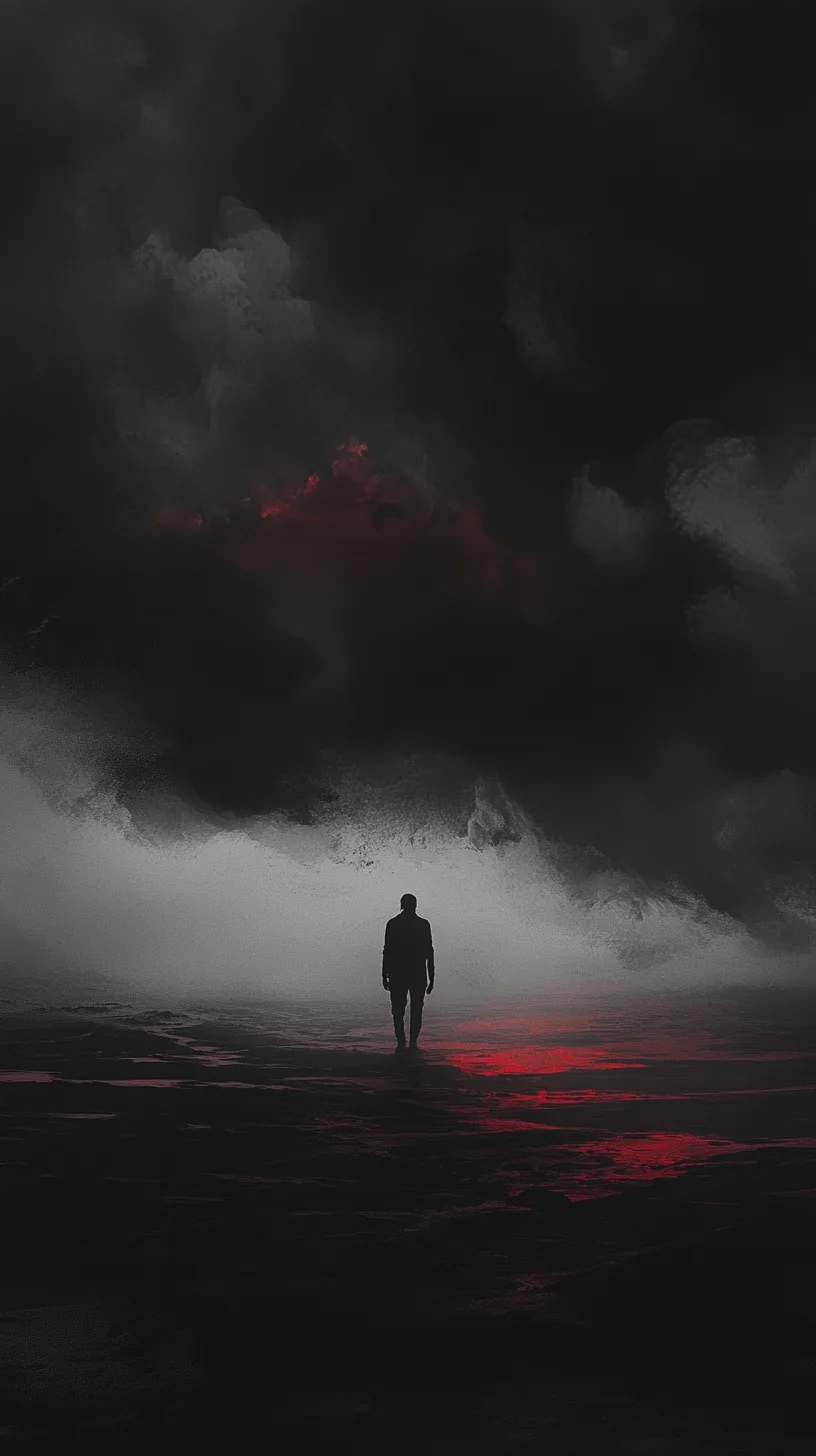 A lone figure crosses cracked wet ground under heavy grey smoke, a red glow burning through the cloud and pooling at his feet.