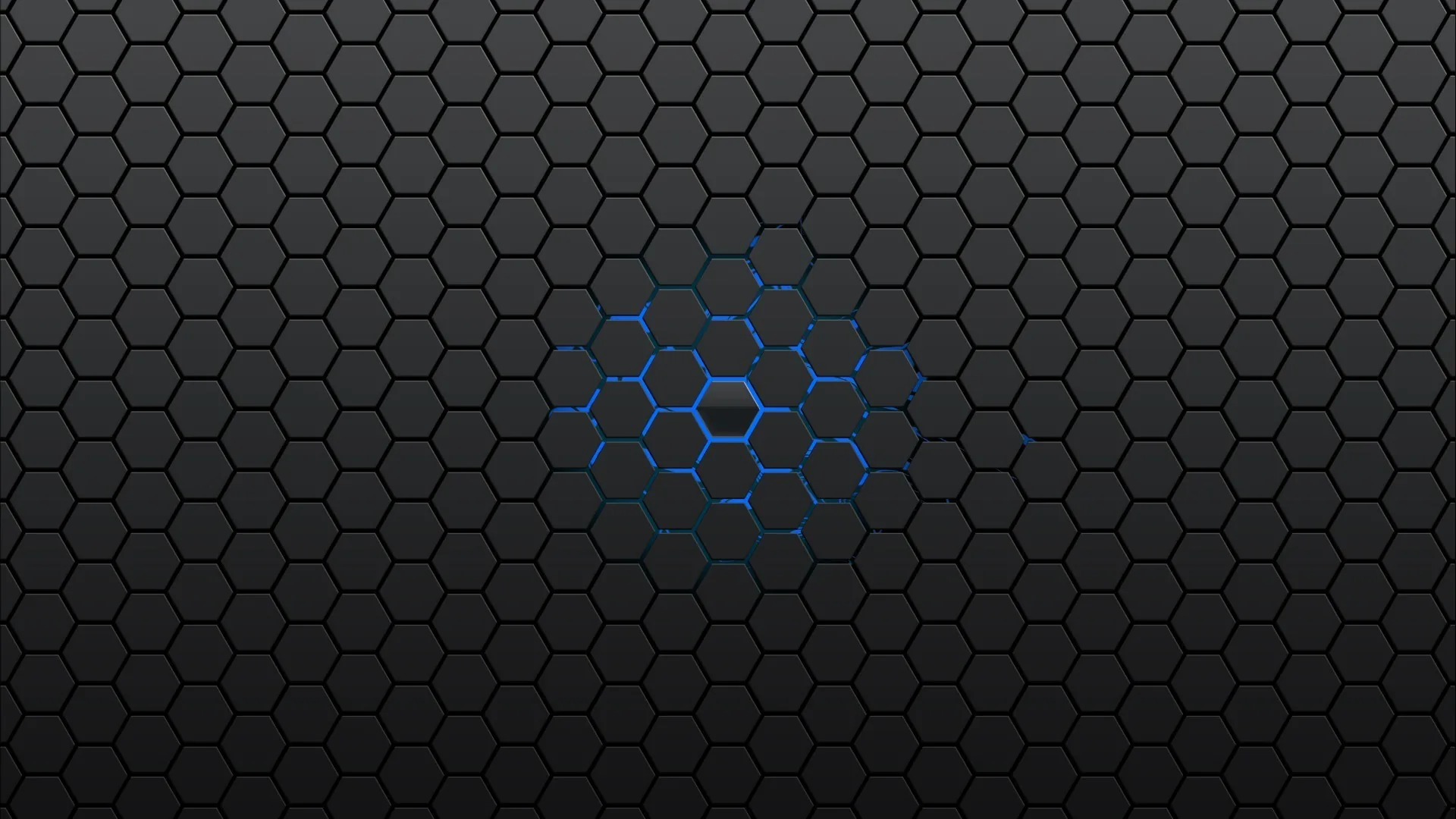A tight honeycomb mesh fills the dark grey frame, one cluster of cells just left of centre glowing cold blue.