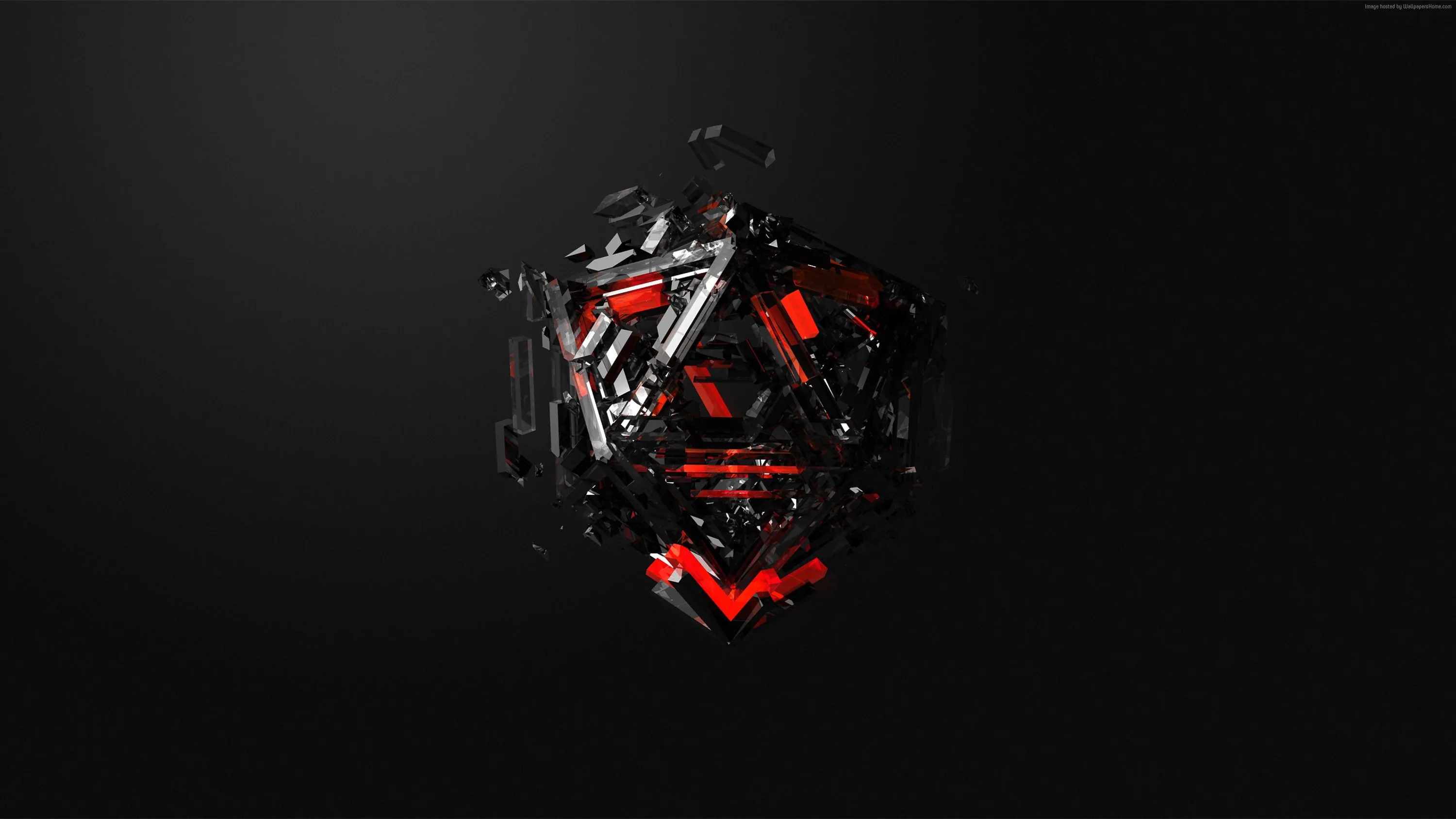 A dark object bursts apart in mid air, red panels showing through the splinters, everything around it a soft grey gradient.