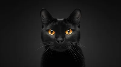 A black cat faces the camera dead centre, ears pricked and amber eyes level, against a charcoal studio backdrop that darkens at the edges.