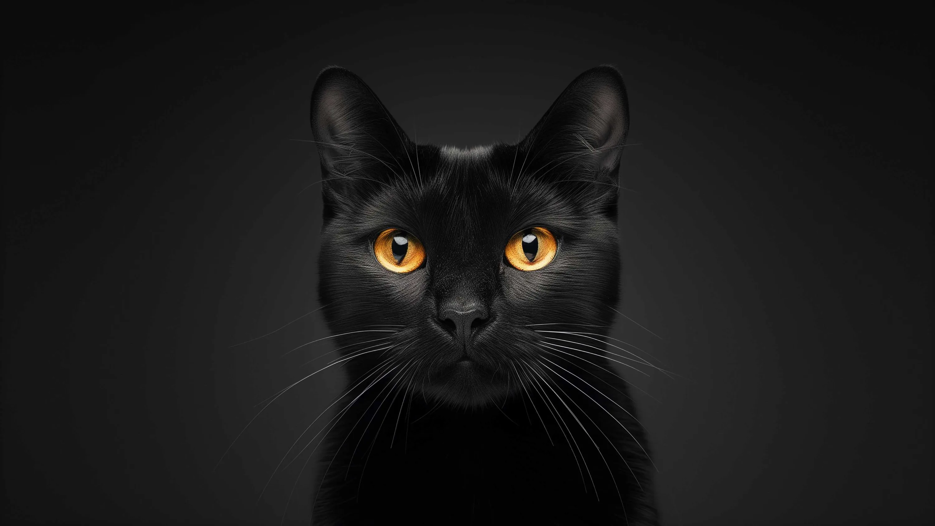 A black cat faces the camera dead centre, ears pricked and amber eyes level, against a charcoal studio backdrop that darkens at the edges.
