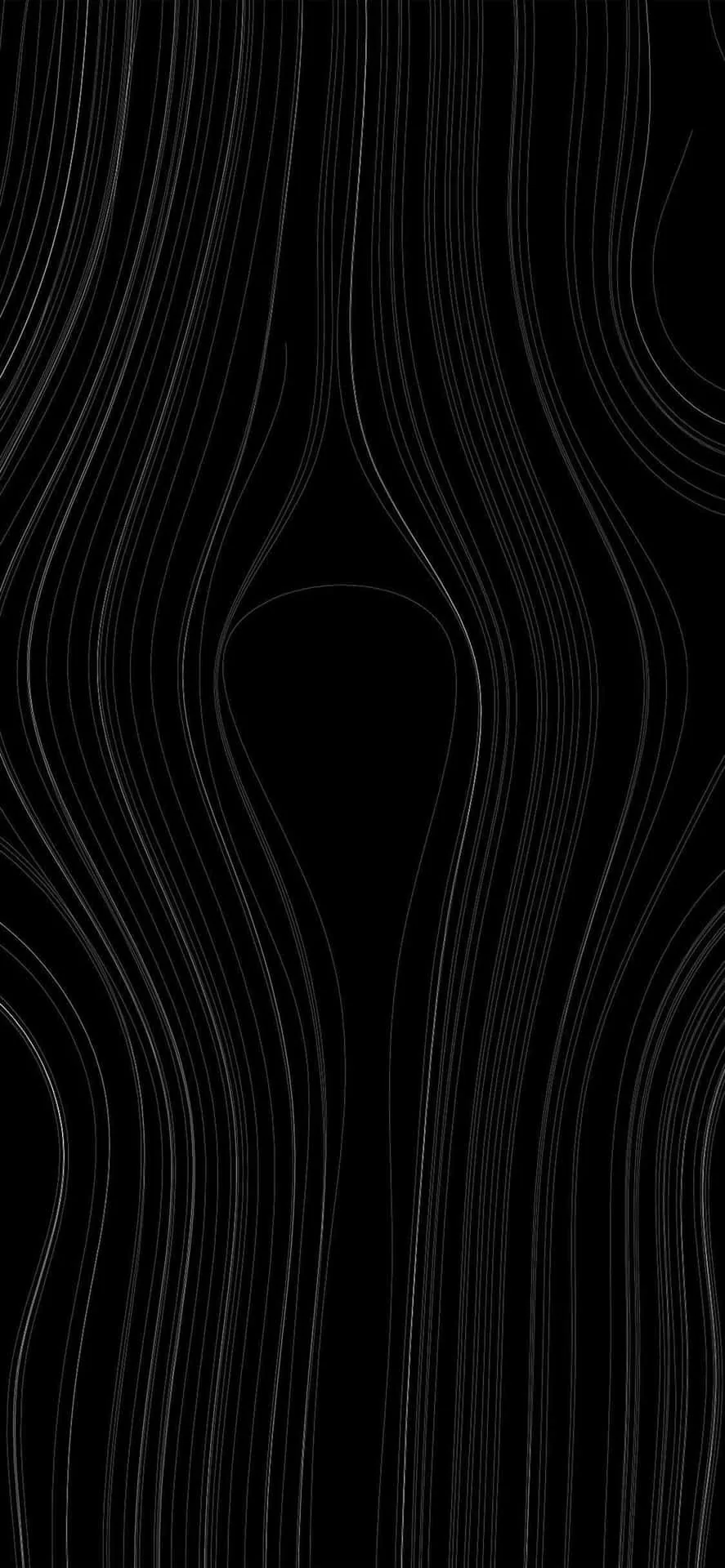 Thin grey contour lines stream down the screen like wood grain, splitting around a single dark teardrop just above the middle.
